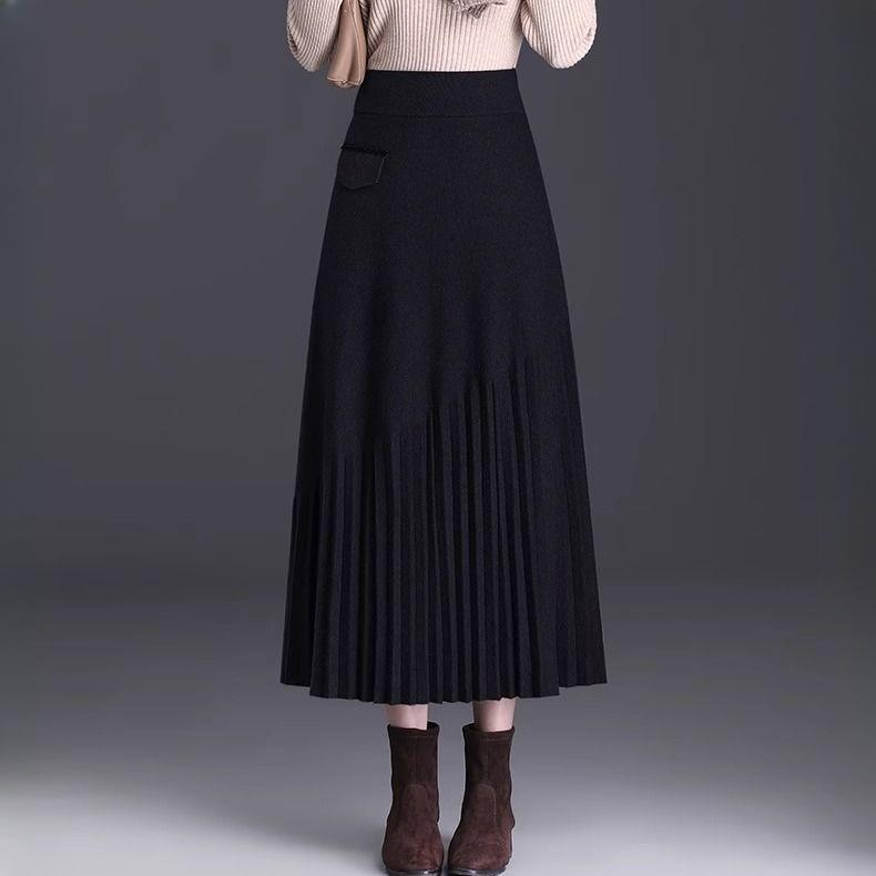 Damen Strickfaltenrock Herbst und Winter Hohe Taille Dicker Faltenrock Mittellang XL schwarz von Joom DACH