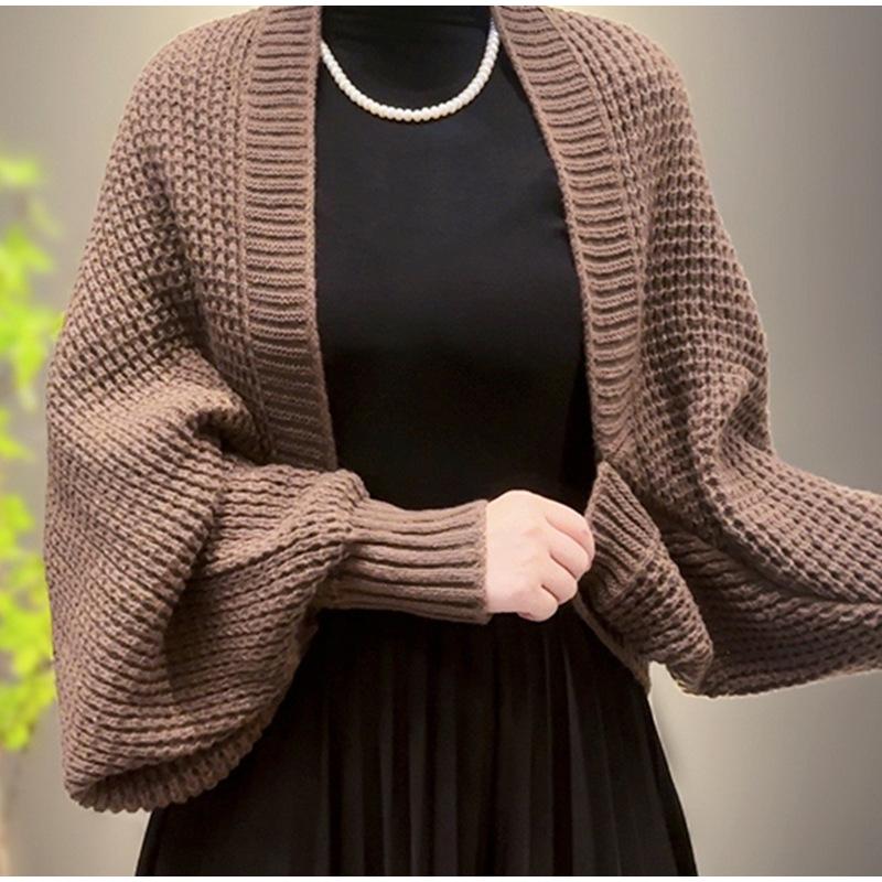 Damen Strickjacke, kurzärmelig, mit offener Vorderseite, leicht, Strickschal, Ponchos braun von Joom DACH