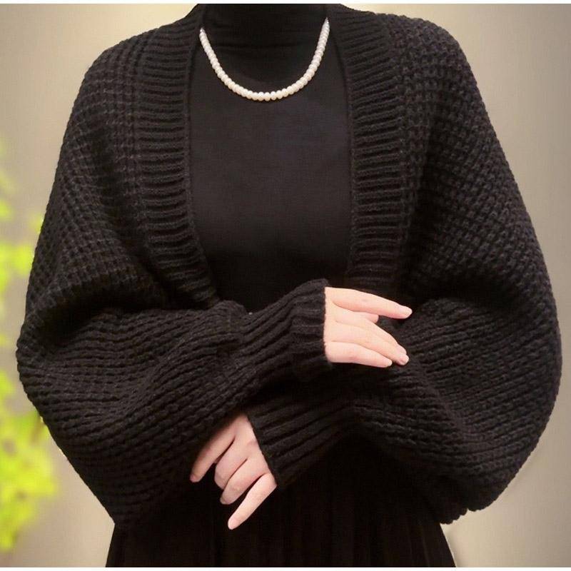 Damen Strickjacke, kurzärmelig, mit offener Vorderseite, leicht, Strickschal, Ponchos schwarz von Joom DACH