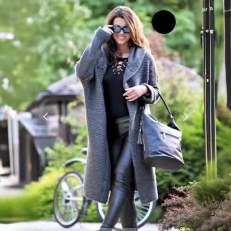 Damen Strickjacke mit offener Vorderseite und Zopfmuster, einfarbig, klobiger langer Pullovermantel L von Joom DACH