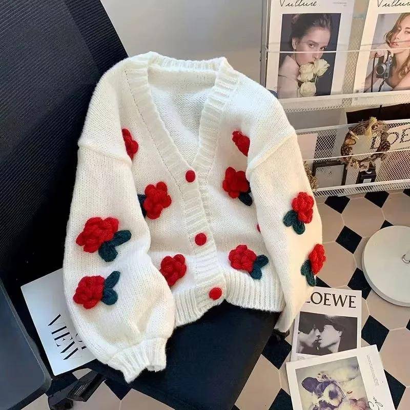 Damen Strickjacken Herbst Übergroß Grobstrick 3D Blume Offene Vorderseite Strickpullover Süße Trendige Strickjacken für Damen L rot von Joom DACH