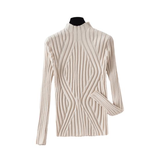 Damen Strickoberteile, halbhoher Kragen, lange Ärmel, Slim Fit, Pullover, einfarbig, Linienstruktur, Herbst-/Winterpullover apricot von Joom DACH