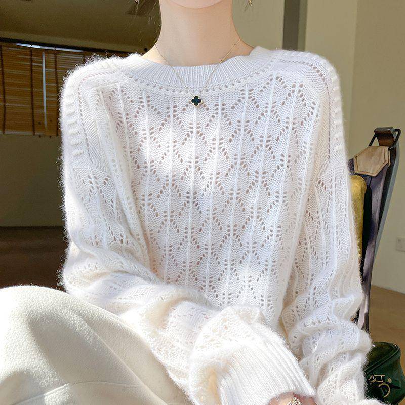 Damen Strickpullover Frühling Herbst Neu Trendy Locker Rundhals Zopfmuster Oberteil 3XL weiß von Joom DACH