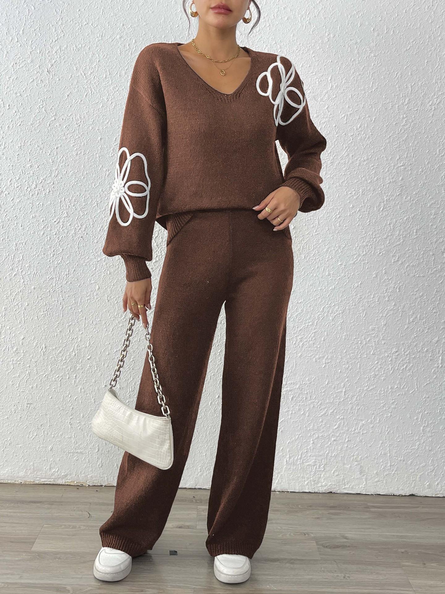 Damen Strickpullover-Set mit floraler Stickerei V-Ausschnitt Oberteil und Hose mit weitem Bein M von Joom DACH