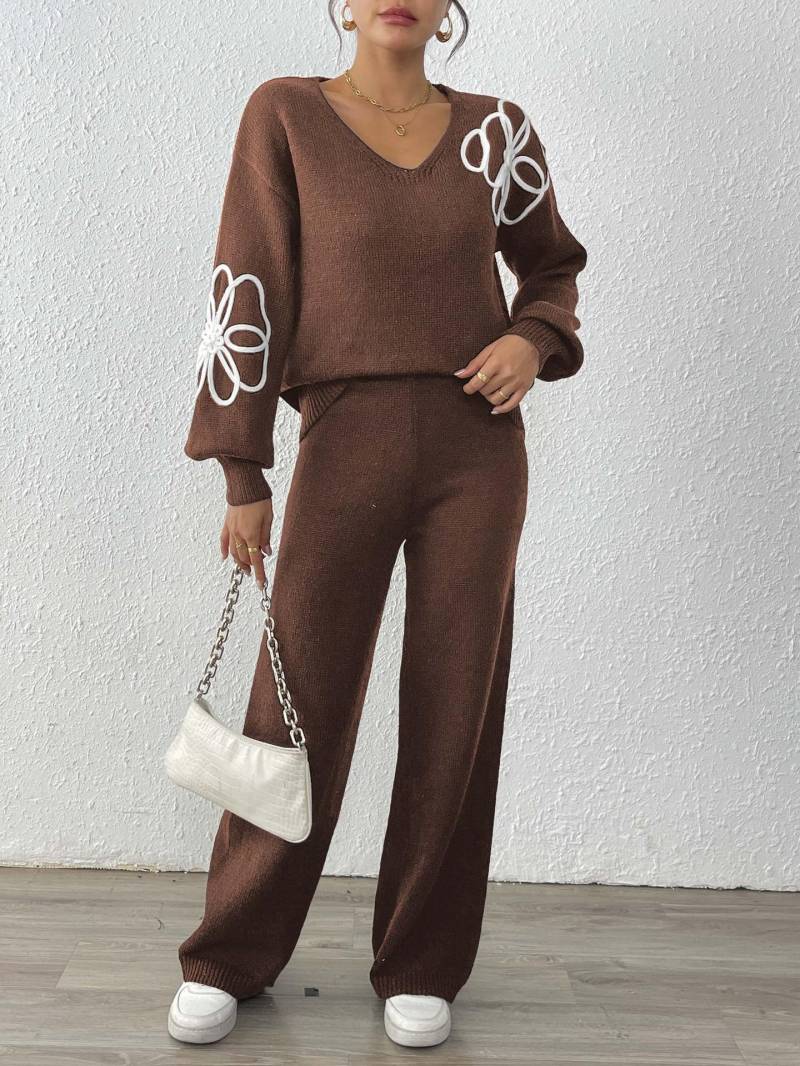 Damen Strickpullover-Set mit floraler Stickerei V-Ausschnitt Oberteil und Hose mit weitem Bein M von Joom DACH