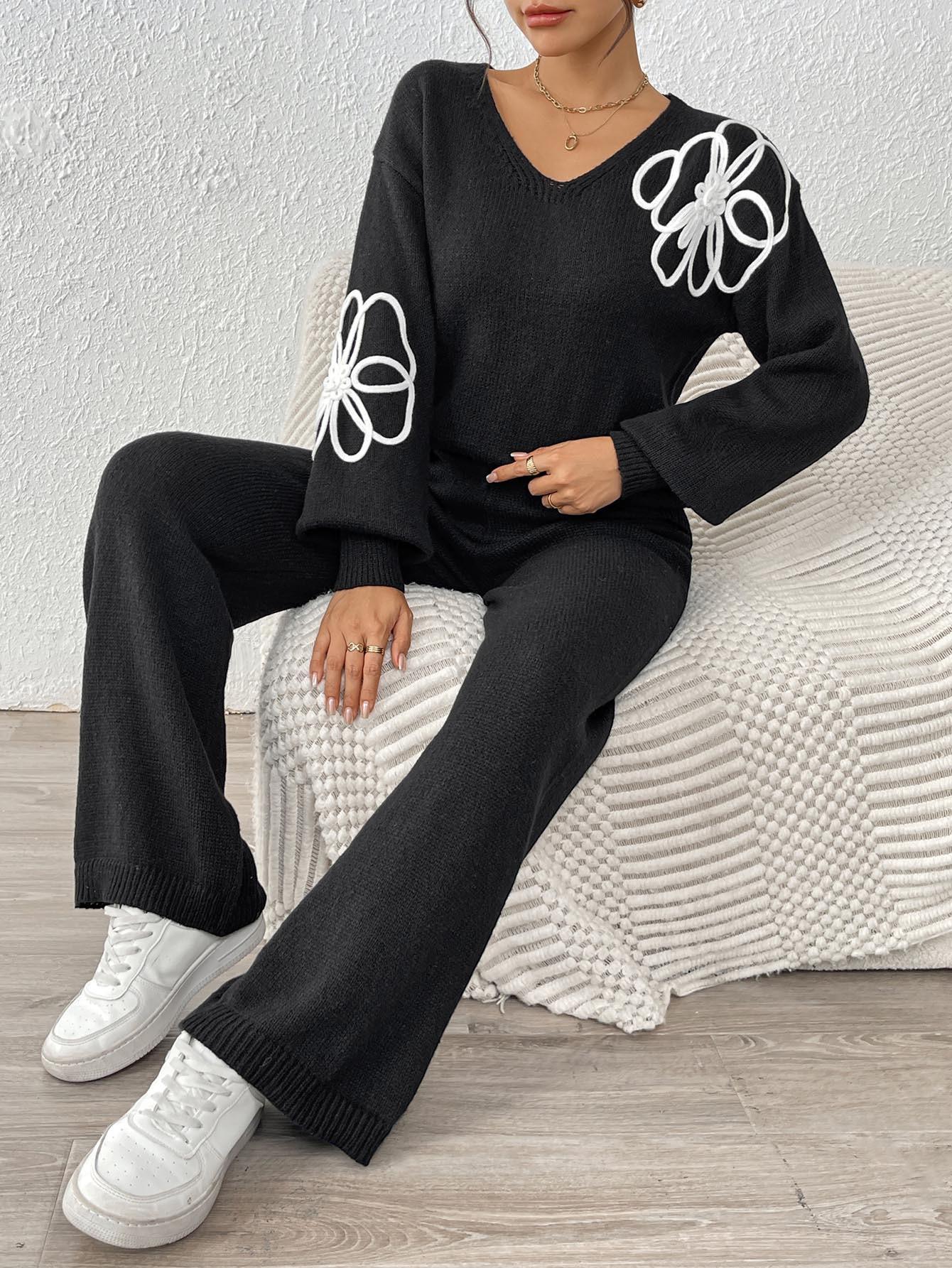 Damen Strickpullover-Set mit floraler Stickerei V-Ausschnitt Oberteil und Hose mit weitem Bein XL von Joom DACH