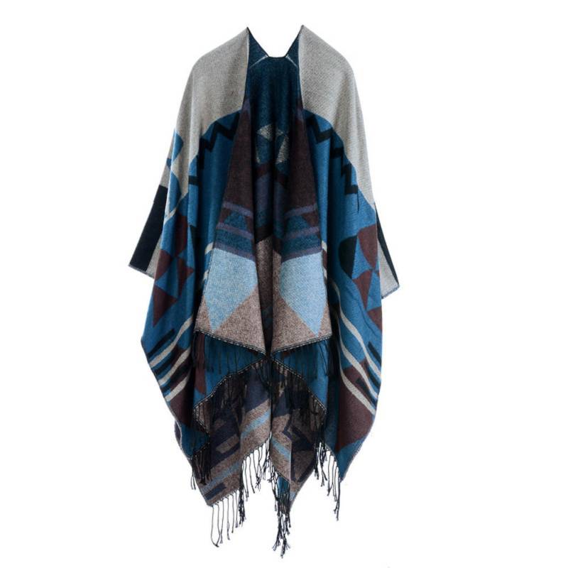 Damen-Strickschal-Poncho aus Kunstkaschmir, geometrisches Muster, Quaste, übergroß, lang, Bohemia-Umhang blau von Joom DACH