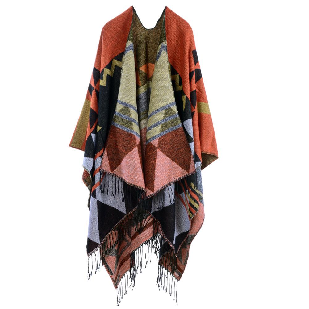 Damen-Strickschal-Poncho aus Kunstkaschmir, geometrisches Muster, Quaste, übergroß, lang, Bohemia-Umhang orange von Joom DACH