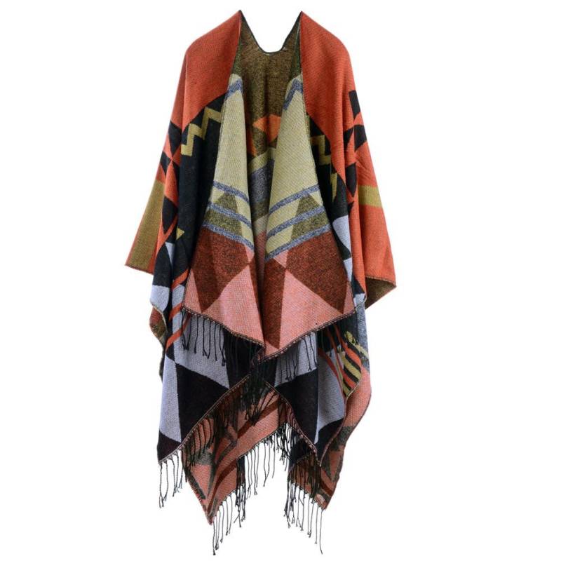 Damen-Strickschal-Poncho aus Kunstkaschmir, geometrisches Muster, Quaste, übergroß, lang, Bohemia-Umhang orange von Joom DACH