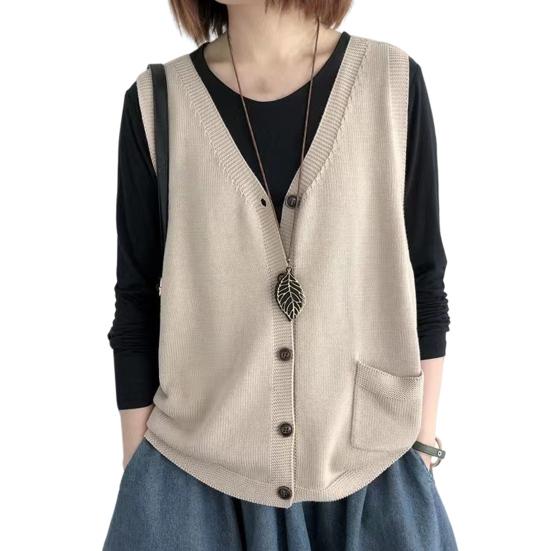 Damen Strickweste V-Ausschnitt Ärmellos Einreihig Warm Weste Einfarbig Lockere Passform apricot von Joom DACH