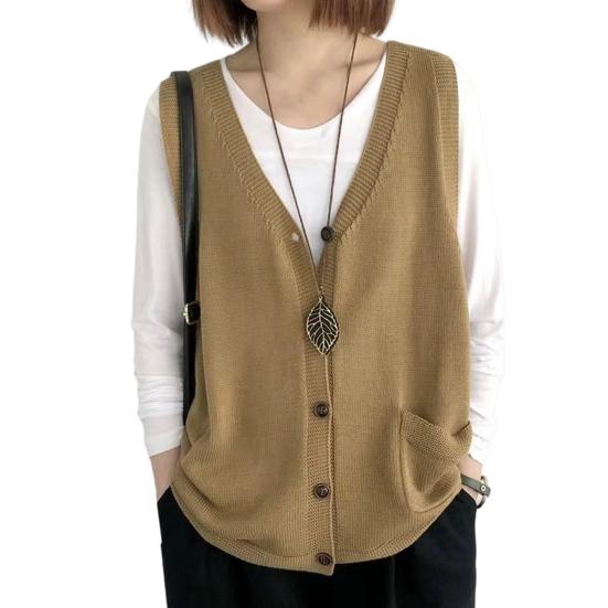 Damen Strickweste V-Ausschnitt Ärmellos Einreihig Warm Weste Einfarbig Lockere Passform gelb von Joom DACH