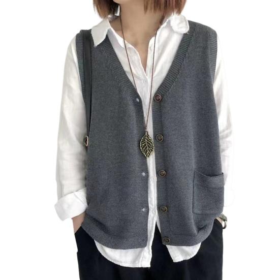 Damen Strickweste V-Ausschnitt Ärmellos Einreihig Warm Weste Einfarbig Lockere Passform grau von Joom DACH