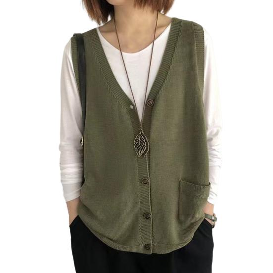 Damen Strickweste V-Ausschnitt Ärmellos Einreihig Warm Weste Einfarbig Lockere Passform grün von Joom DACH