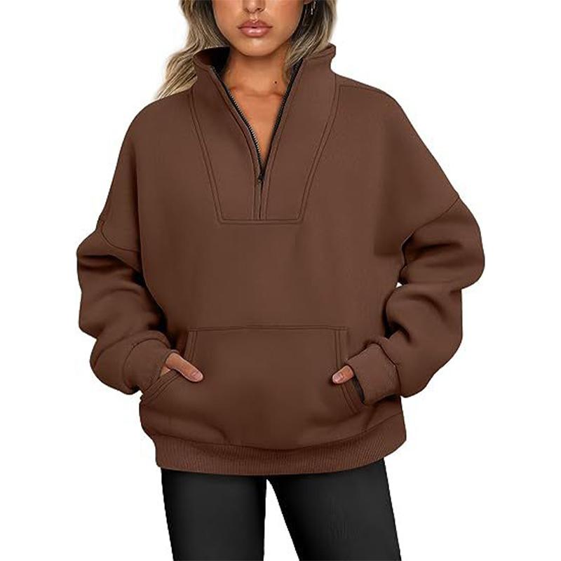 Damen-Sweatshirt, Stehkragen, einfarbig, modisch, mit Tasche, Reißverschluss, Tops, lässig, lockerer Fleece-Ripppullover XXL kaffeebraun von Joom DACH