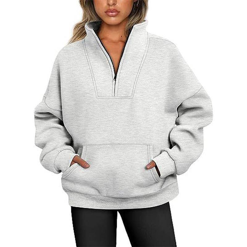 Damen-Sweatshirt, Stehkragen, einfarbig, modisch, mit Tasche, Reißverschluss, Tops, lässig, lockerer Fleece-Ripppullover XXL hellgrau von Joom DACH