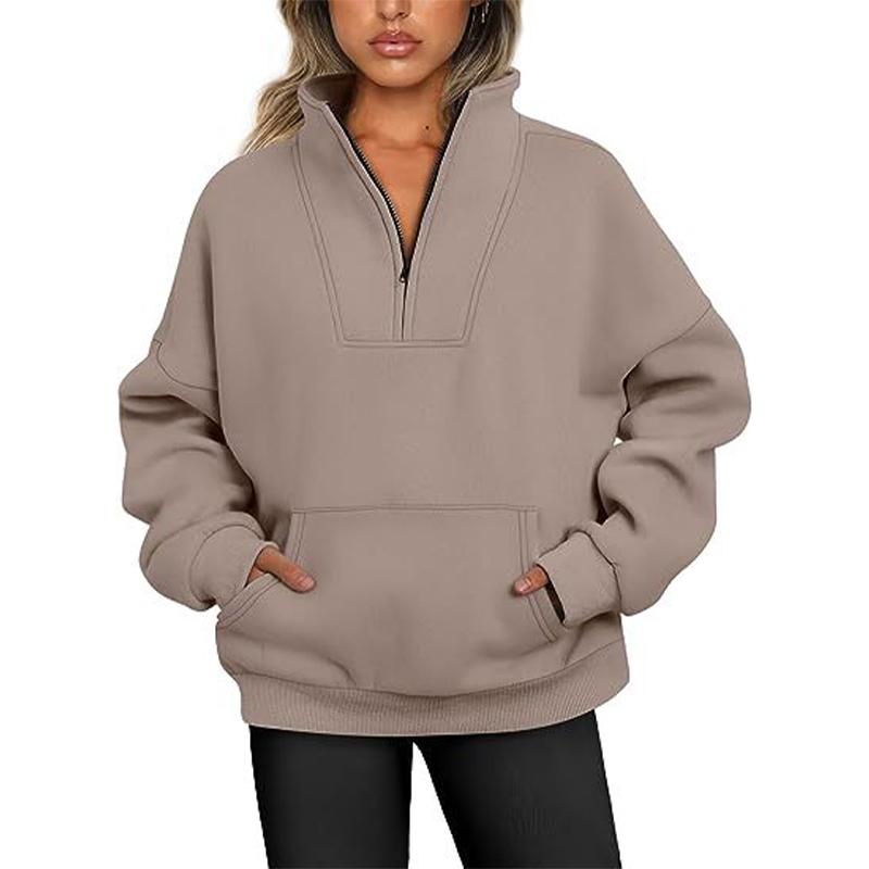 Damen-Sweatshirt, Stehkragen, einfarbig, modisch, mit Tasche, Reißverschluss, Tops, lässig, lockerer Fleece-Ripppullover XXL khaki von Joom DACH