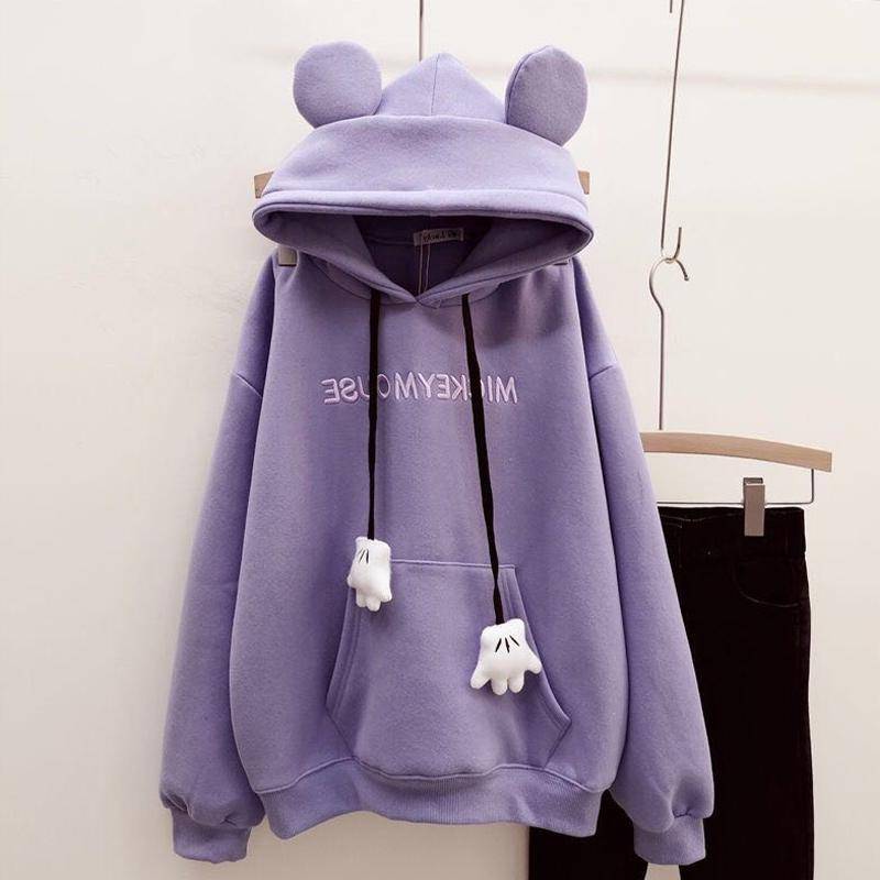 Damen-Sweatshirt, Student, lässig, niedlich, Ohr-Oberteil, Fleece, mit Kapuze, modisch, lockerer Pullover L violett von Joom DACH