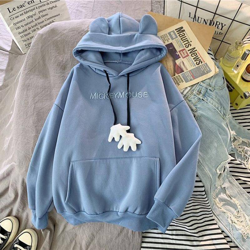 Damen-Sweatshirt, Student, lässig, niedlich, Ohr-Oberteil, Fleece, mit Kapuze, modisch, lockerer Pullover XL blau von Joom DACH