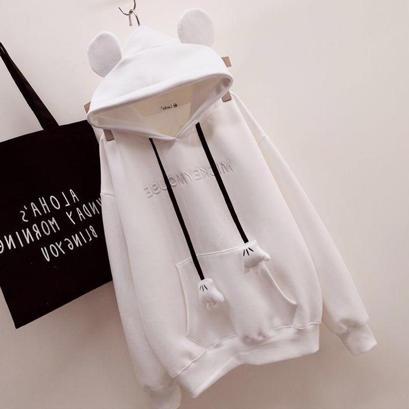 Damen-Sweatshirt, Student, lässig, niedlich, Ohr-Oberteil, Fleece, mit Kapuze, modisch, lockerer Pullover XXL weiß von Joom DACH