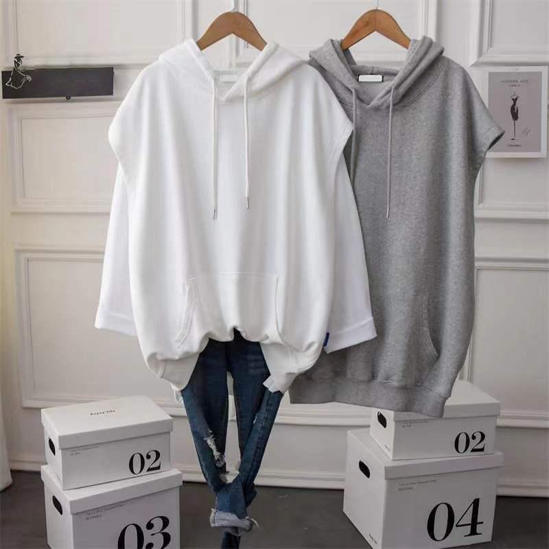 Damen-Sweatshirt mit Kapuze, lässig, locker, groß, einfarbig, Oberteil, mittellang, ärmellos, Weste XXL weiß von Joom DACH