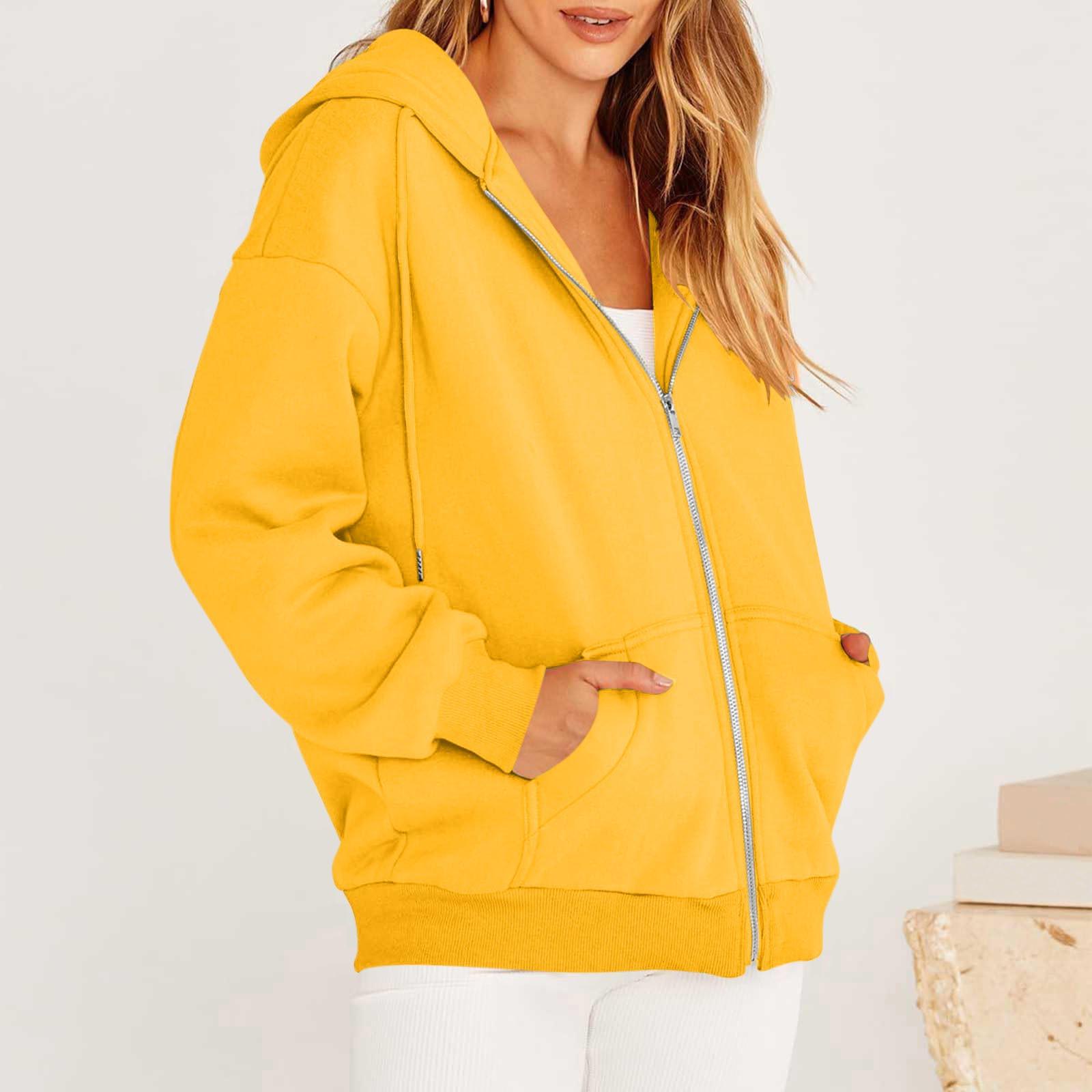 Damen-Sweatshirt mit Kapuze, lässig, modisch, einfarbig, langärmelig, Reißverschluss XL gelb von Joom DACH