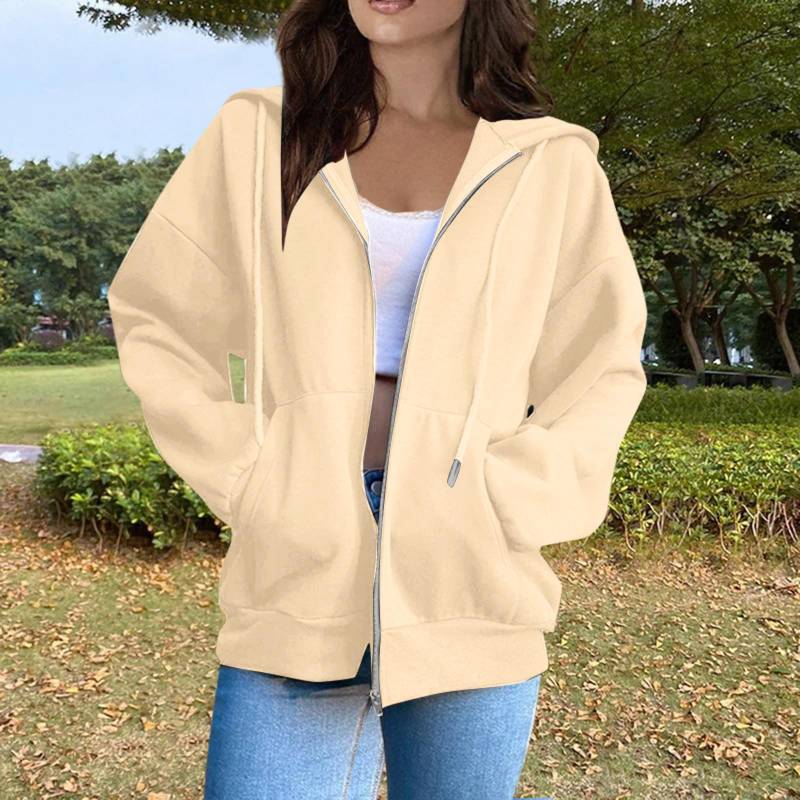 Damen-Sweatshirt mit Kapuze, lässig, modisch, einfarbig, langärmelig, Reißverschluss XXXL beige von Joom DACH