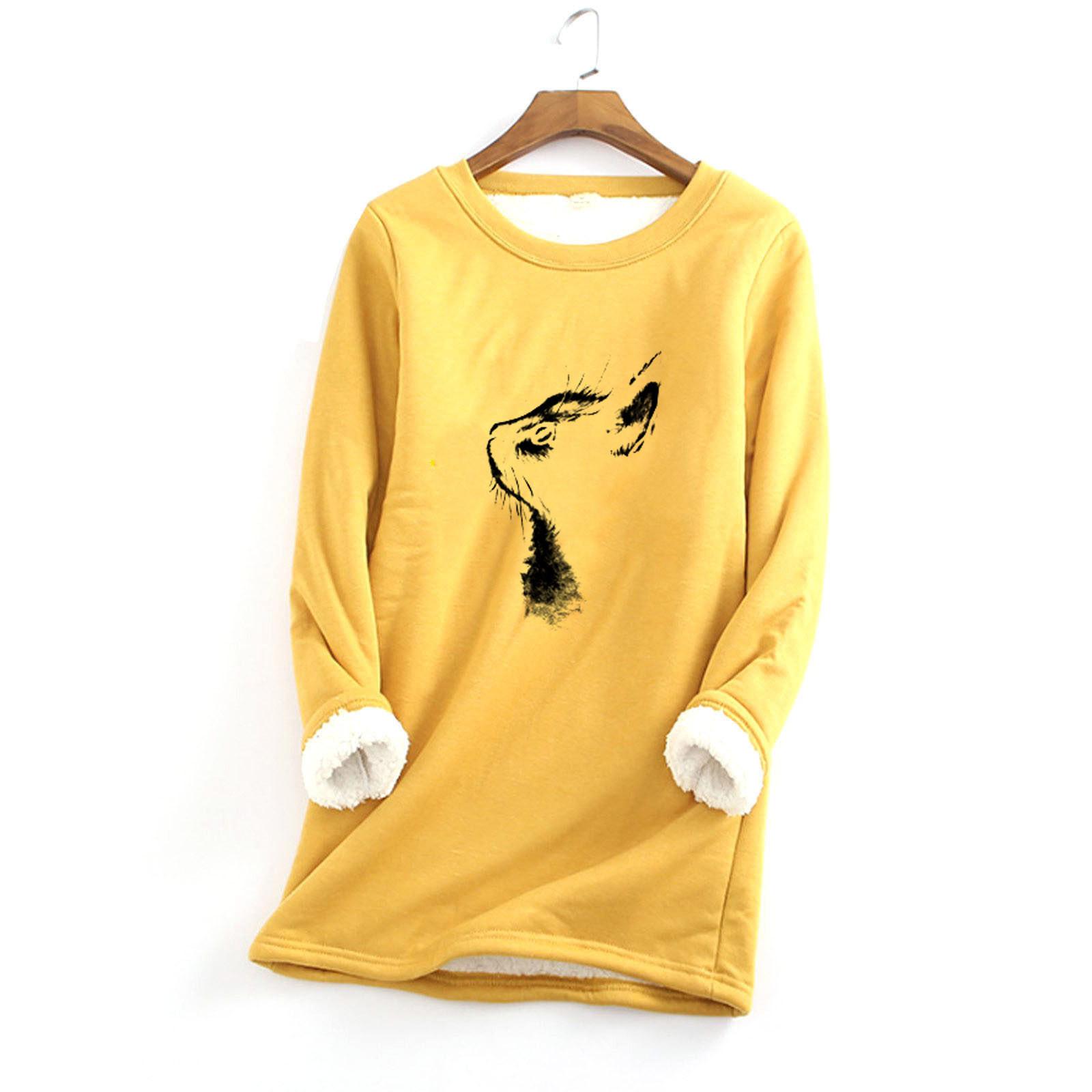 Damen-Sweatshirt mit dickem Fleece-Druck, warmes Unterwäsche-Oberteil mit O-Ausschnitt XXXXL gelb von Joom DACH