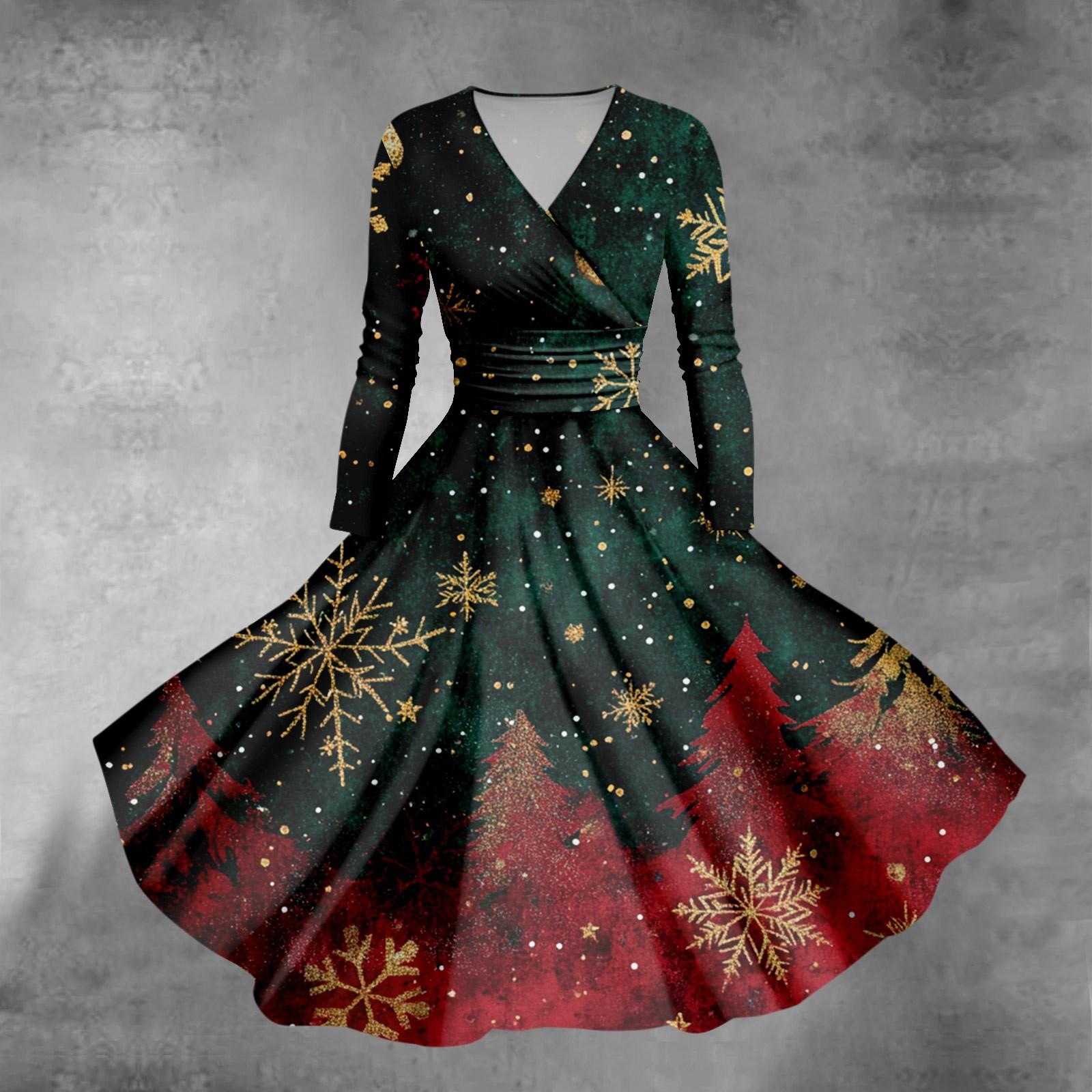Damen-Swing-Kleid mit Weihnachtsbaum- und Schneeflocken-Print, V-Ausschnitt, schmale Passform, langärmelig XXL grün von Joom DACH