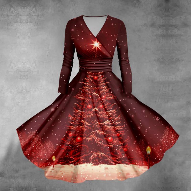 Damen-Swing-Kleid mit Weihnachtsbaum- und Schneeflocken-Print, V-Ausschnitt, schmale Passform, langärmelig XXXXXL weinrot von Joom DACH