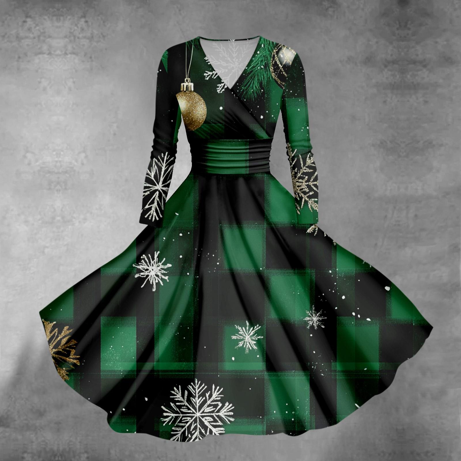 Damen-Swing-Kleid mit Weihnachtsbaum- und Schneeflocken-Print, V-Ausschnitt, schmale Passform, langärmelig XXXXXL grün von Joom DACH