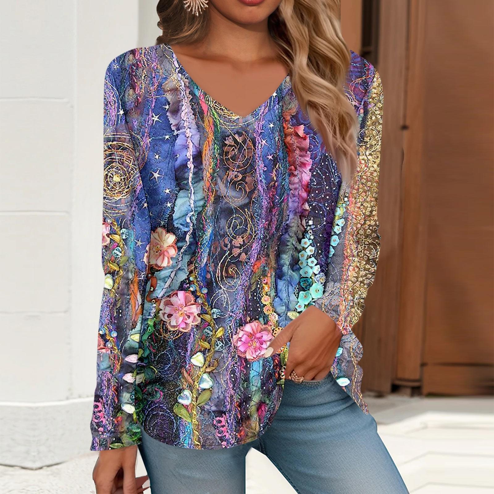 Damen-T-Shirt, Retro-Druck, langärmlig, für den Alltag, Wochenende, Alltag, Basic, V-Ausschnitt, reguläre Herbst-Winter-Tops XXXL dunkelblau von Joom DACH