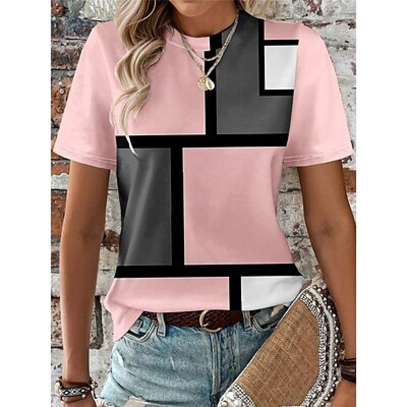 Damen-T-Shirt, T-Shirt, kariert, Farbblock, Alltag, Ausgehen, Rosa, Blau, Lila, Aufdruck, kurze Ärmel, modisch, Rundhalsausschnitt, normale Passform, Sommer 2XL von Joom DACH
