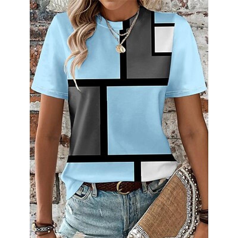 Damen-T-Shirt, T-Shirt, kariert, Farbblock, Alltag, Ausgehen, Rosa, Blau, Lila, Aufdruck, kurze Ärmel, modisch, Rundhalsausschnitt, normale Passform, Sommer L von Joom DACH