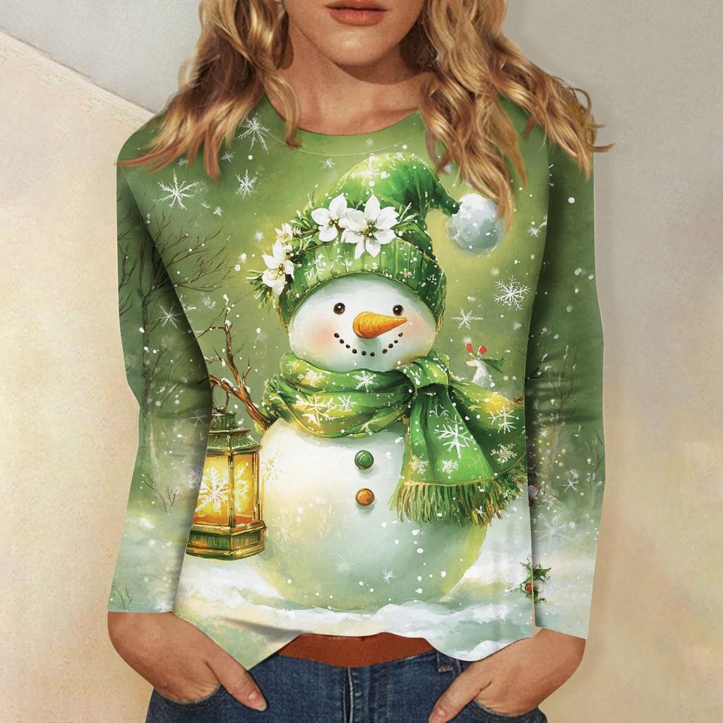 Damen T-Shirt Designer Rundhals Langarm Locker Lässig Weihnachten Schneemann Lustiges Muster Druck Top 4XL von Joom DACH