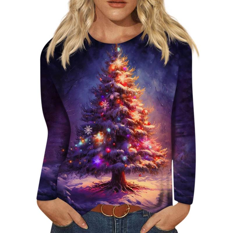 Damen T-Shirt Designer Rundhals Langarm Locker Lässig Weihnachten Schneemann Lustiges Muster Druck Top 5XL von Joom DACH