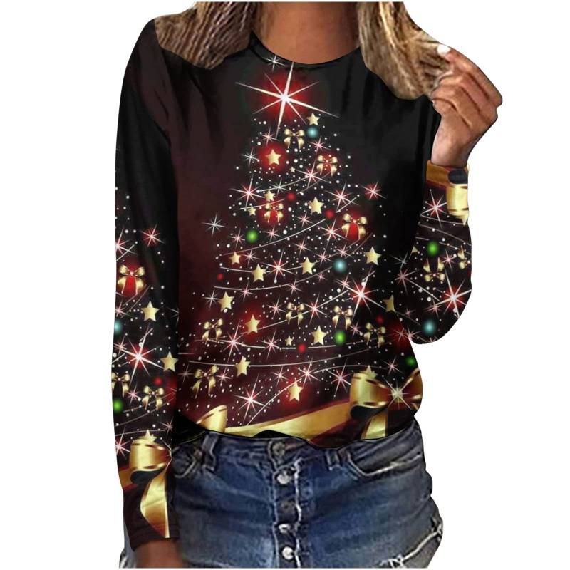 Damen T-Shirt Designer Rundhals Langarm Locker Lässig Weihnachten Schneemann Lustiges Muster Druck Top 5XL von Joom DACH
