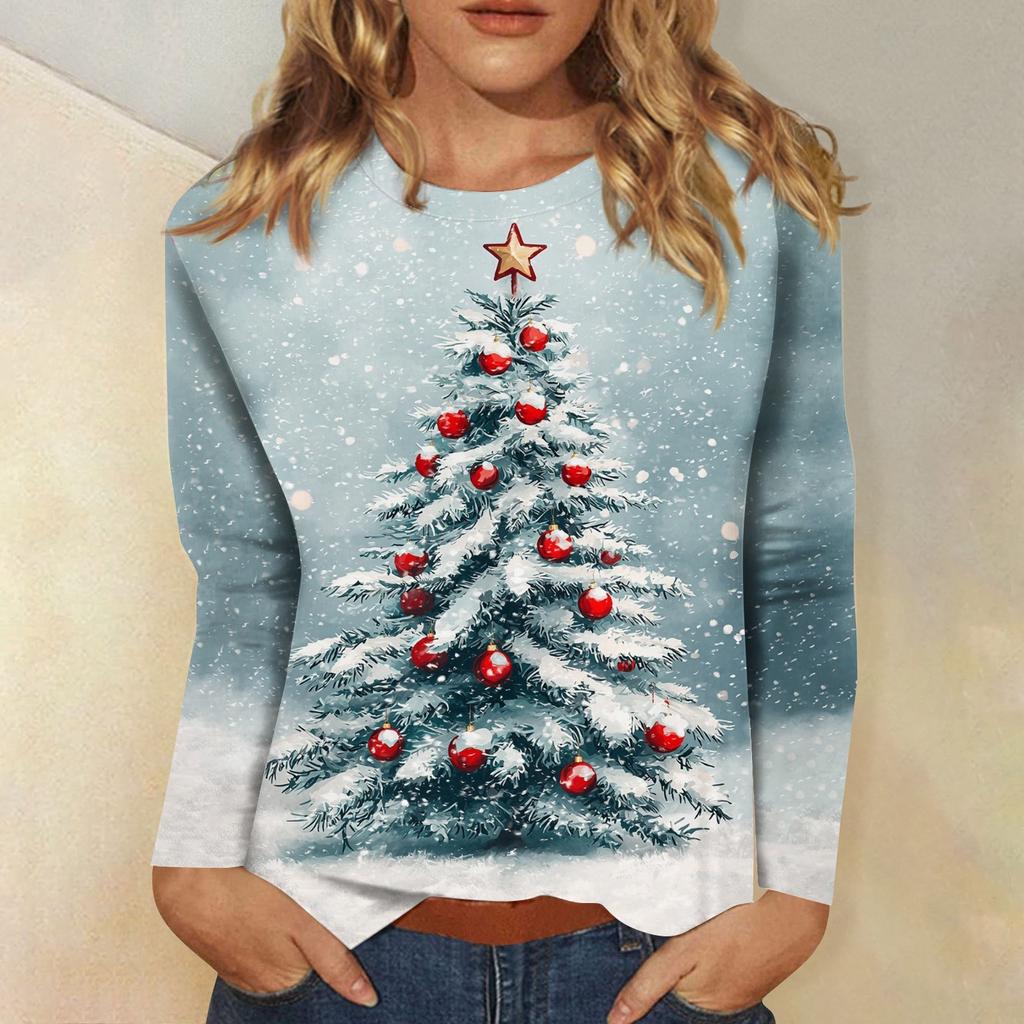 Damen T-Shirt Designer Rundhals Langarm Locker Lässig Weihnachten Schneemann Lustiges Muster Druck Top L von Joom DACH