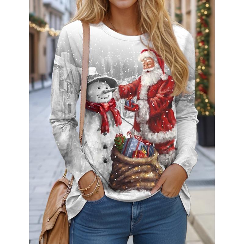 Damen T-Shirt Designer Rundhals Langarm Locker Lässig Weihnachten Schneemann Lustiges Muster Druck Top M von Joom DACH