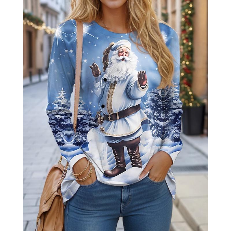 Damen T-Shirt Designer Rundhals Langarm Locker Lässig Weihnachten Schneemann Lustiges Muster Druck Top M von Joom DACH