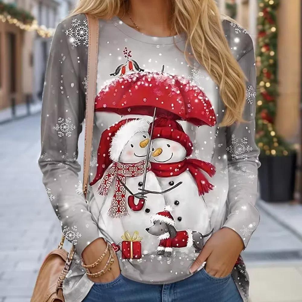 Damen T-Shirt Designer Rundhals Langarm Locker Lässig Weihnachten Schneemann Lustiges Muster Druck Top XL von Joom DACH