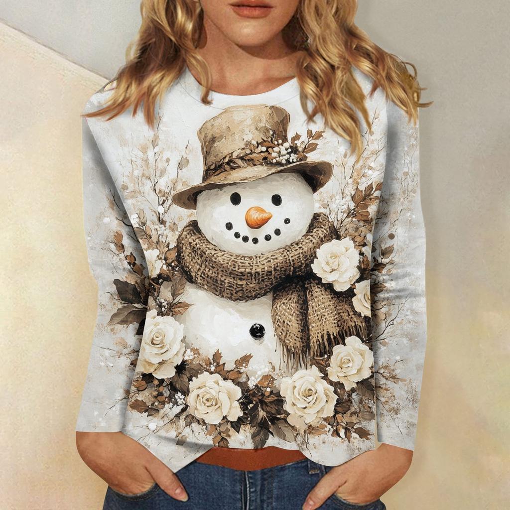 Damen T-Shirt Designer Rundhals Langarm Locker Lässig Weihnachten Schneemann Lustiges Muster Druck Top XXL von Joom DACH