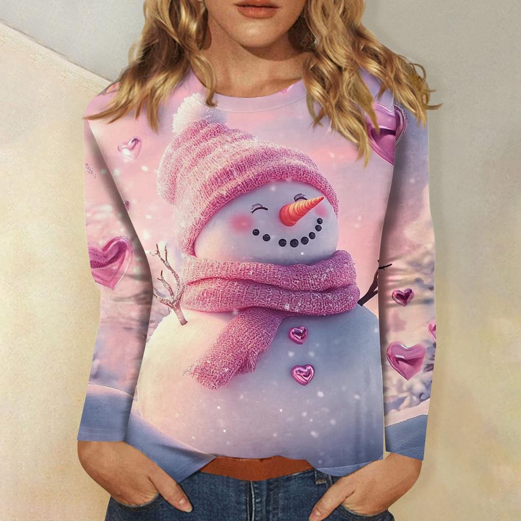 Damen T-Shirt Designer Rundhals Langarm Locker Lässig Weihnachten Schneemann Lustiges Muster Druck Top XXL von Joom DACH