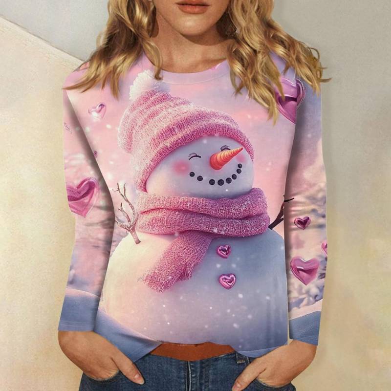 Damen T-Shirt Designer Rundhals Langarm Locker Lässig Weihnachten Schneemann Lustiges Muster Druck Top XXL von Joom DACH