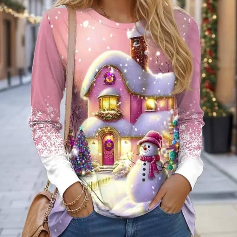 Damen T-Shirt Designer Rundhals Langarm Locker Lässig Weihnachten Schneemann Lustiges Muster Druck Top XXL von Joom DACH