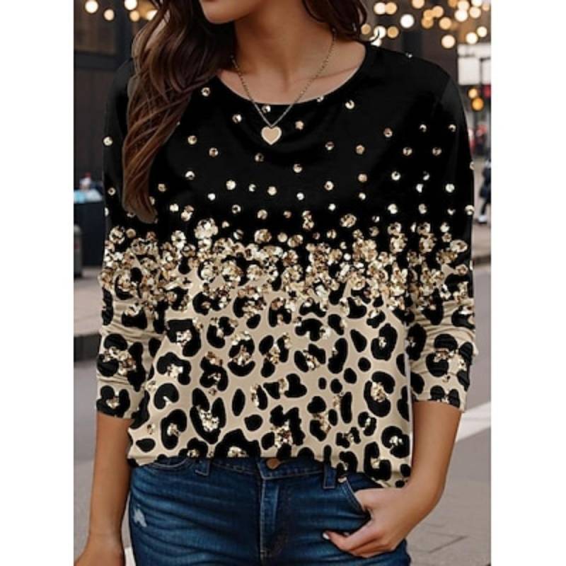 Damen T-Shirt Freizeit Leopard Normal Oberteile Langarm Rundhalsausschnitt Druck Normale Passform Alltag Gold Frühling Herbst L von Joom DACH