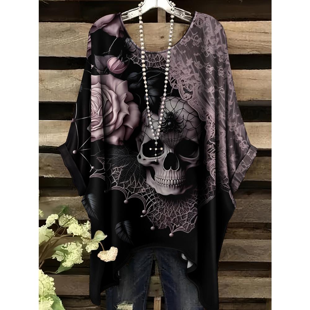 Damen T-Shirt Gothic Stil Bohemian Schädel Print Locker Unregelmäßiger Saum O-Ausschnitt Kurzarmshirt Übergroße Sommerkleidung 2XL von Joom DACH