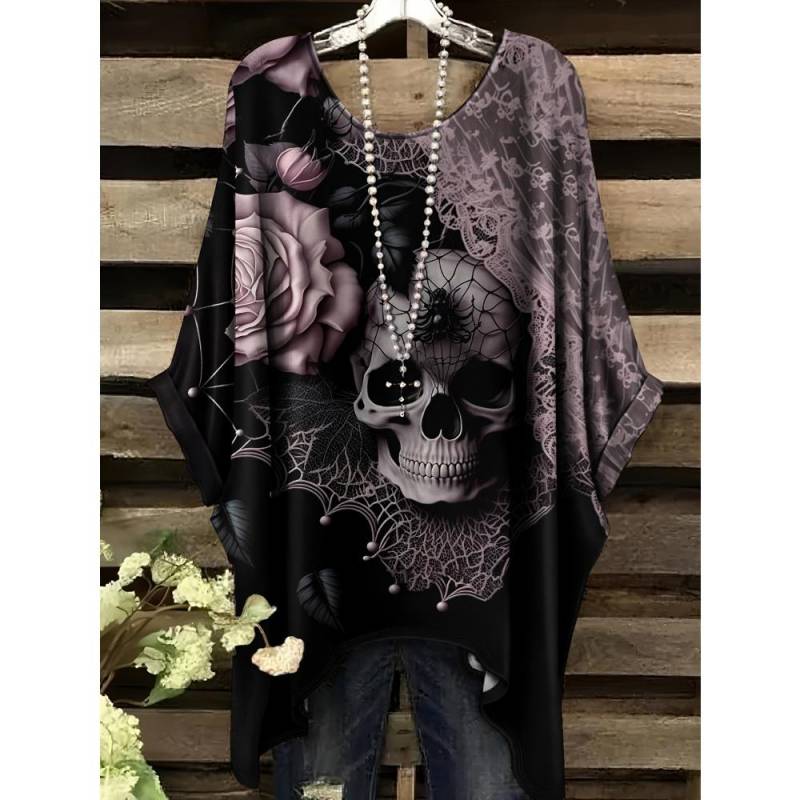 Damen T-Shirt Gothic Stil Bohemian Schädel Print Locker Unregelmäßiger Saum O-Ausschnitt Kurzarmshirt Übergroße Sommerkleidung 2XL von Joom DACH