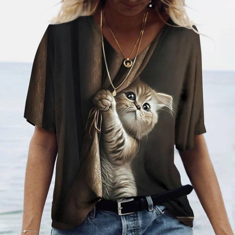 Damen T-Shirt Kawaii Cat Print 3D T-Shirt Top Mädchen Y2k Kleidung Sommer Kurzarm T-Shirts V-Ausschnitt Casual Holiday Female T-Shirt XL Damen T-Shirt Kawaii Cat Print 3D T-Shirt Top Mädchen Y2k Kleidung Sommer Kurzarm T-Shirts V-Ausschnitt Casual Holiday Female T-Shirt XL von Joom DACH