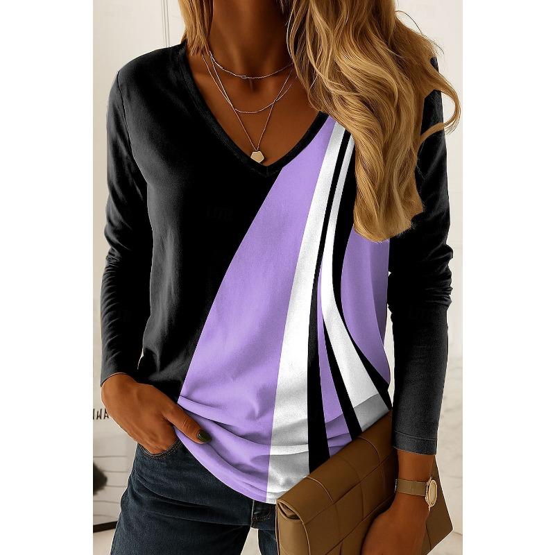 Damen T-Shirt Klassisch Grafik Geometrisch Elegant Mode T-Shirt Langarm T-Shirts V-Ausschnitt Regulär Oberteile Pullover Herbst Winter 5XL von Joom DACH
