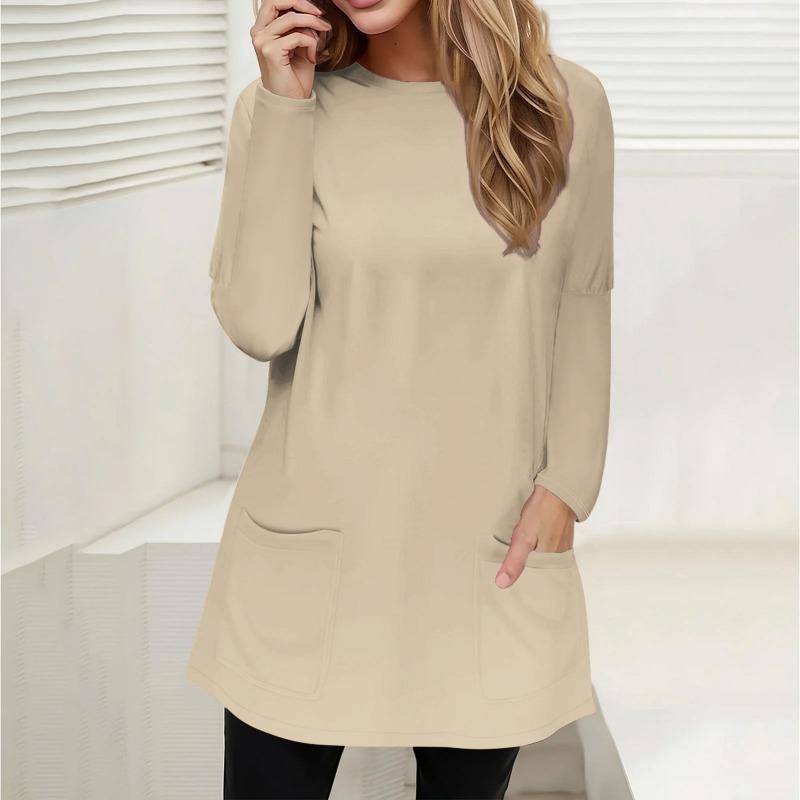 Damen T-Shirt Rundhals Frühling Herbst Bedruckte Tasche Langarm Casual Loose Top T-Shirt 3XL khaki von Joom DACH